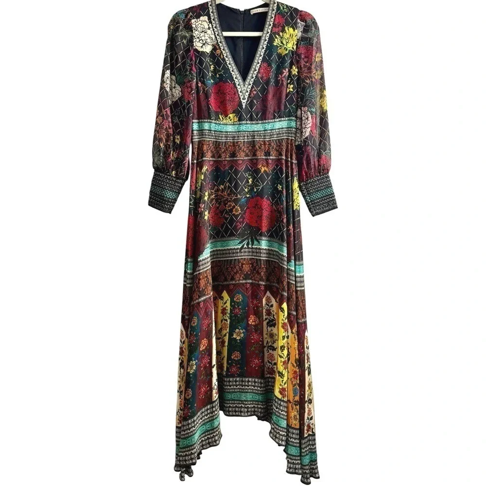 NEW Alice + Olivia Janey V Neck Flare Dress‎ in Mona Multi/Combo $595